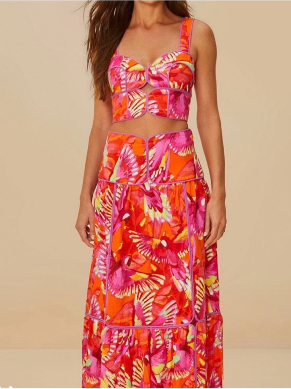 FARM Rio Pink and Orange Bird Print Maxi Skirt